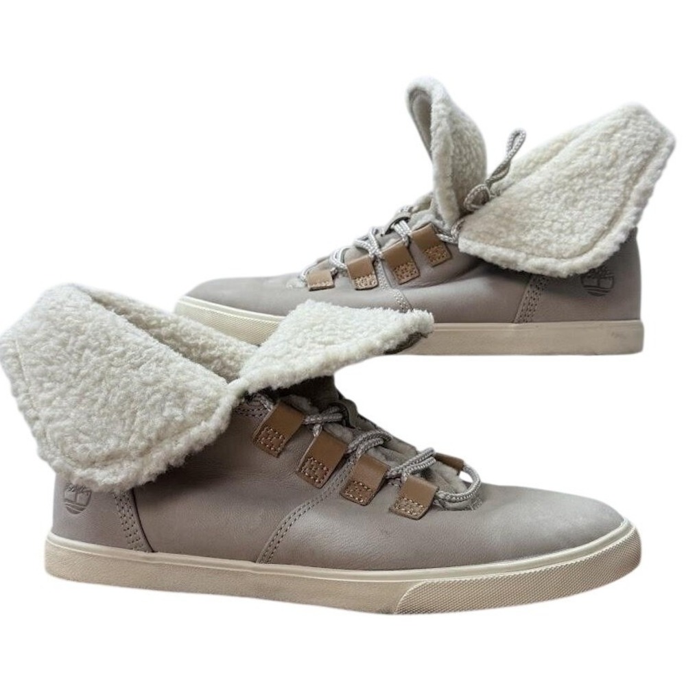 Timberland Womens A1UTJ Fold Down Sherpa Sneaker Boots‎ Taupe Leather Size 7.5